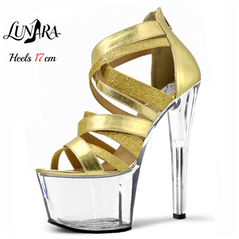 Sandal Strappy Heeled - Sandal Stiletto Platform Emas Metalik 17cm/7