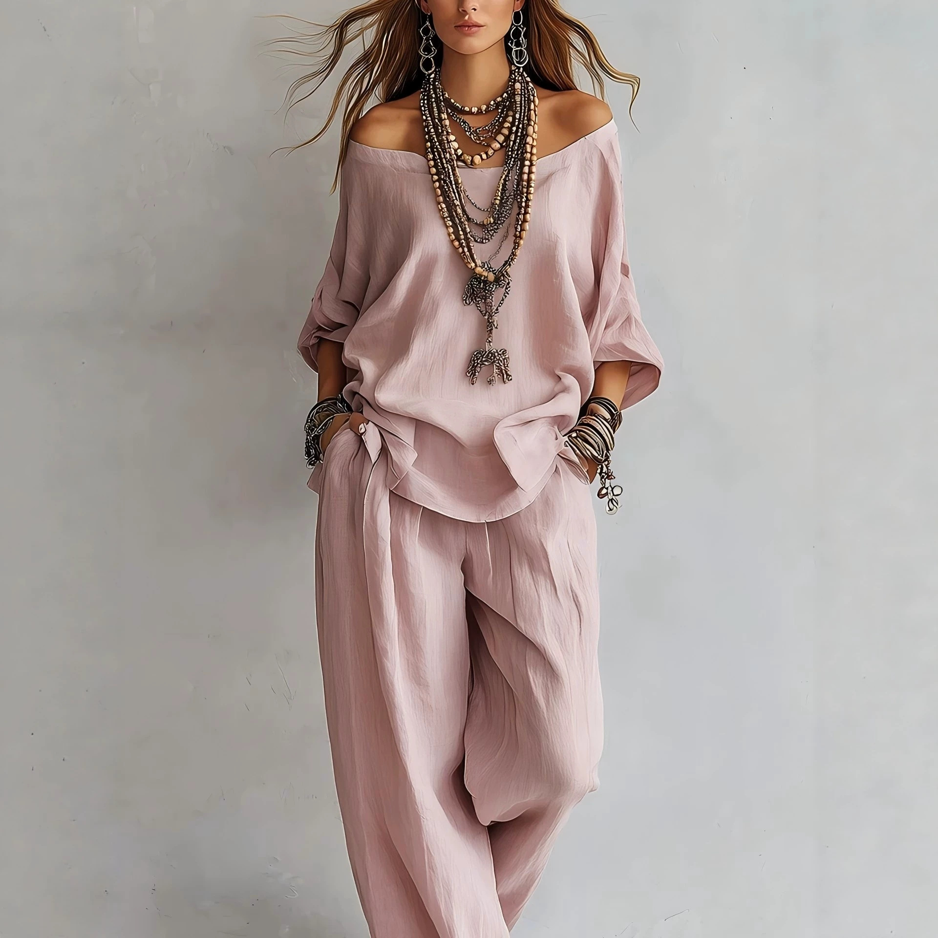 Setelan Atasan Lengan Tujuh da - Linen Pant Wide ulasan dan harga