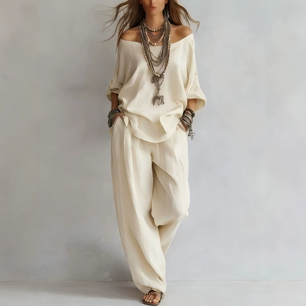 Setelan Atasan Lengan Tujuh da - Linen Pant Wide ulasan dan harga
