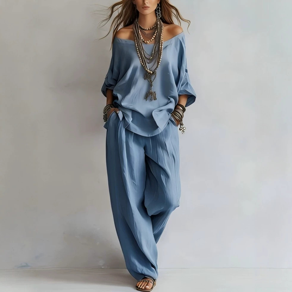 Setelan Atasan Lengan Tujuh da - Linen Pant Wide ulasan dan harga