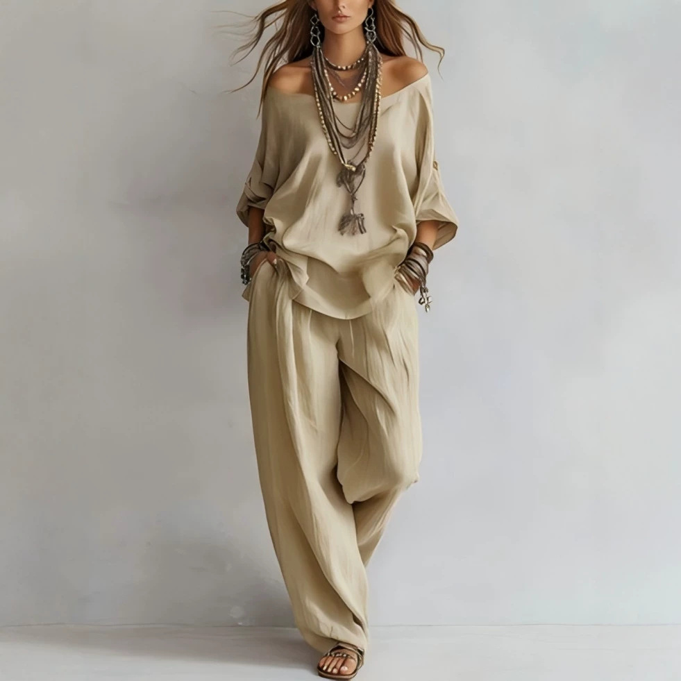 Setelan Atasan Lengan Tujuh da - Linen Pant Wide ulasan dan harga