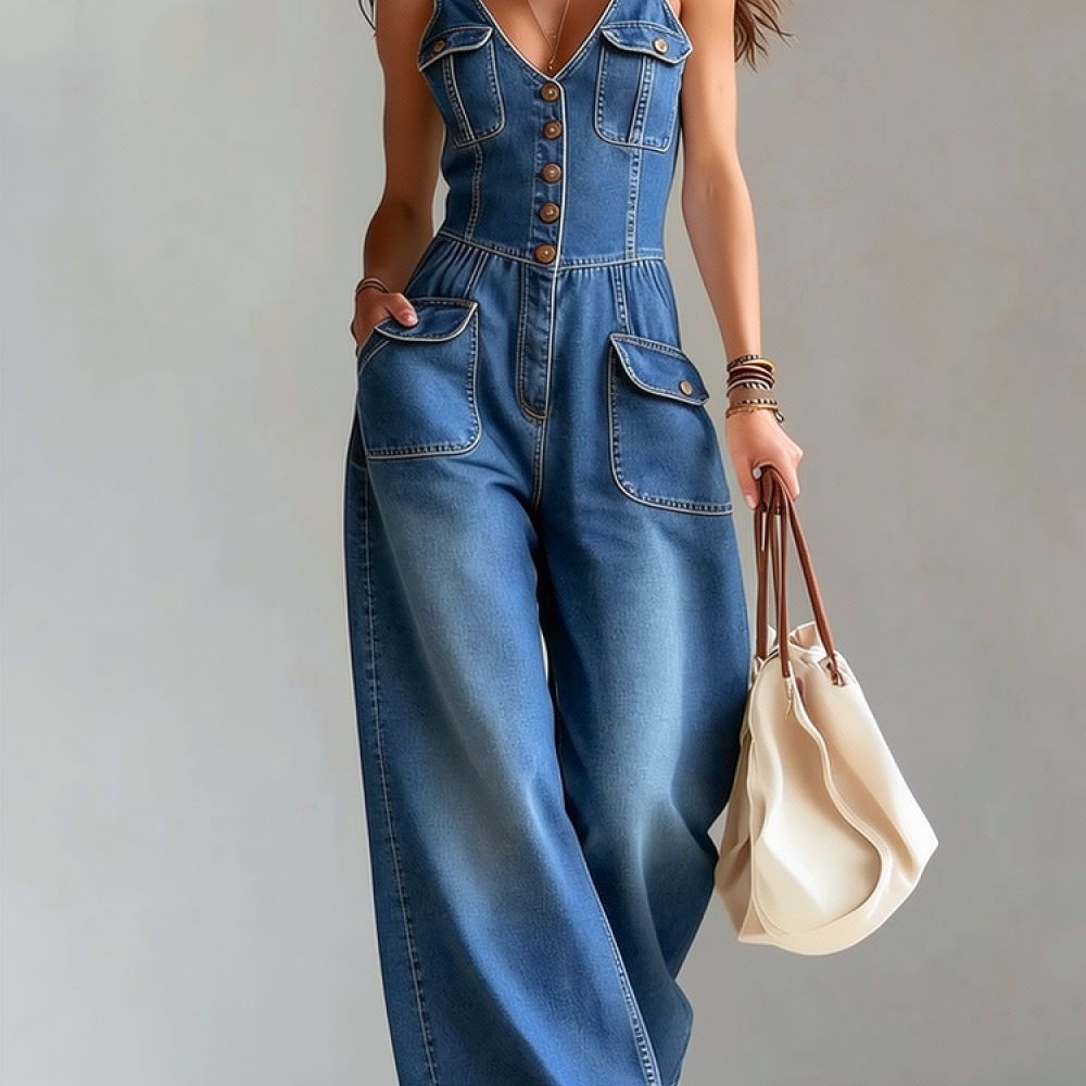 Jumpsuit denim kasual wanita,  - Jumpsuit Linen Relaxed ulasan dan harga